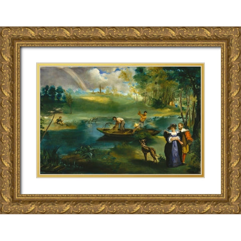 Fishing Gold Ornate Wood Framed Art Print with Double Matting by Manet, Edouard