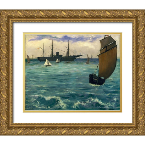 TheÂ KearsargeÂ at Boulogne Gold Ornate Wood Framed Art Print with Double Matting by Manet, Edouard