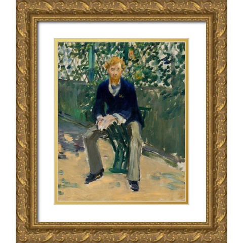 George Moore in the Artists Garden Gold Ornate Wood Framed Art Print with Double Matting by Manet, Edouard