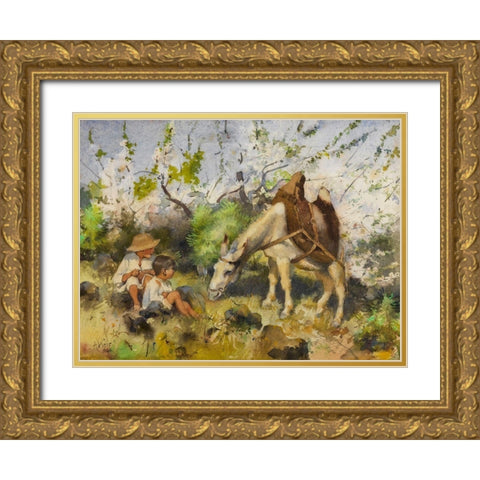 Summer landscape with children and donkey Gold Ornate Wood Framed Art Print with Double Matting by Weir, J Alden