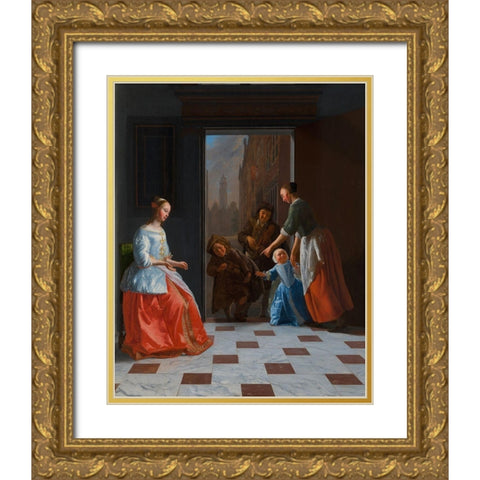 Street Musicians at the Door Gold Ornate Wood Framed Art Print with Double Matting by Octhtervelt, Jacob