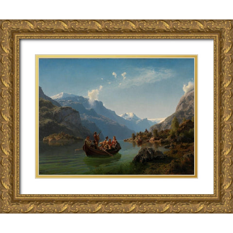 Bridal Procession on the Hardangerfjord Gold Ornate Wood Framed Art Print with Double Matting by Tidemand, Adolph