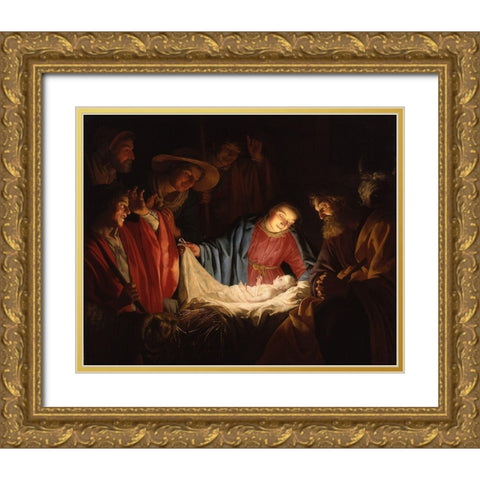 Adoration of the Shepherds Gold Ornate Wood Framed Art Print with Double Matting by van Honthorst, Gerard