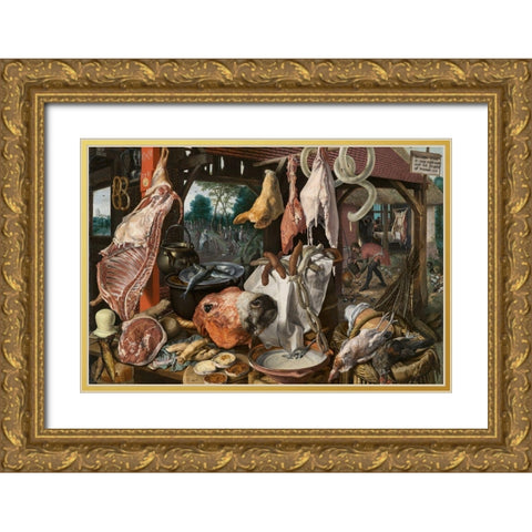 A Meat Stall with the Holy Family Giving Alms Gold Ornate Wood Framed Art Print with Double Matting by Aertsen, Pieter