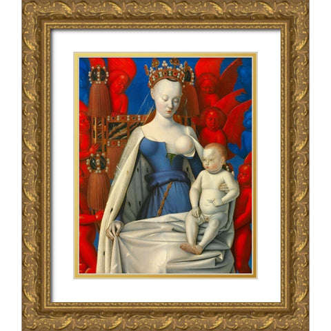 Virgin and Child Surrounded by Angels Gold Ornate Wood Framed Art Print with Double Matting by Fouquet, Jean