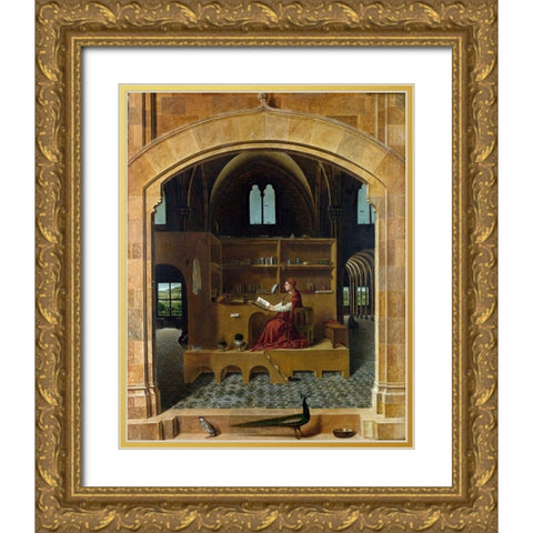 Saint Jerome in his Study Gold Ornate Wood Framed Art Print with Double Matting by da Messina, Antonello