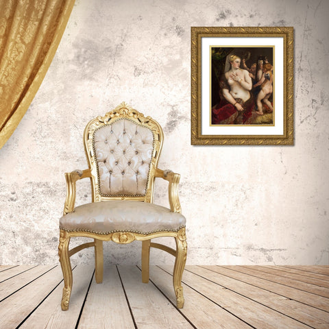 Venus with a Mirror Gold Ornate Wood Framed Art Print with Double Matting by Titian