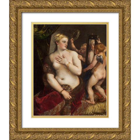 Venus with a Mirror Gold Ornate Wood Framed Art Print with Double Matting by Titian