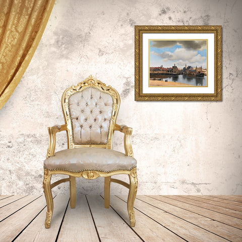 View of Delft Gold Ornate Wood Framed Art Print with Double Matting by Vermeer, Johannes