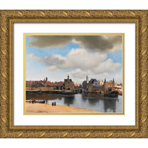 View of Delft Gold Ornate Wood Framed Art Print with Double Matting by Vermeer, Johannes
