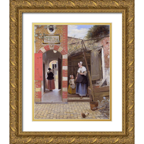 The Courtyard of a House in Delft Gold Ornate Wood Framed Art Print with Double Matting by de Hooch, Pieter