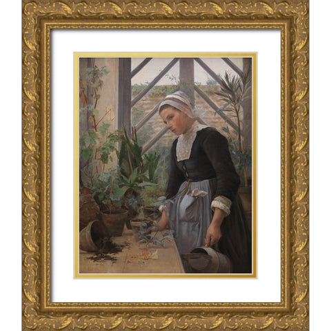 Brittany girl arranges plants in a greenhouse Gold Ornate Wood Framed Art Print with Double Matting by Petersen, Anna