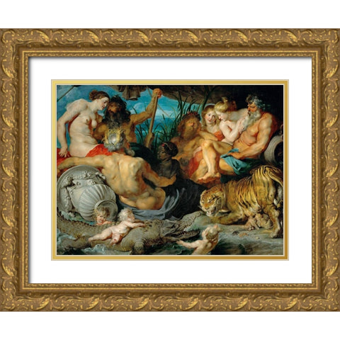 The Four Rivers of Paradise Gold Ornate Wood Framed Art Print with Double Matting by Rubens, Peter Paul