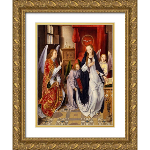 The Annunciation Gold Ornate Wood Framed Art Print with Double Matting by Memling, Hans