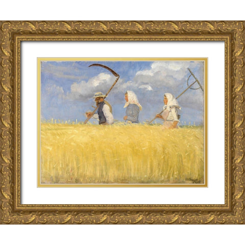 Harvesters Gold Ornate Wood Framed Art Print with Double Matting by Ancher, Anna