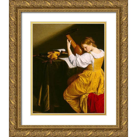 The Lute Player Gold Ornate Wood Framed Art Print with Double Matting by Gentileschi, Orazio