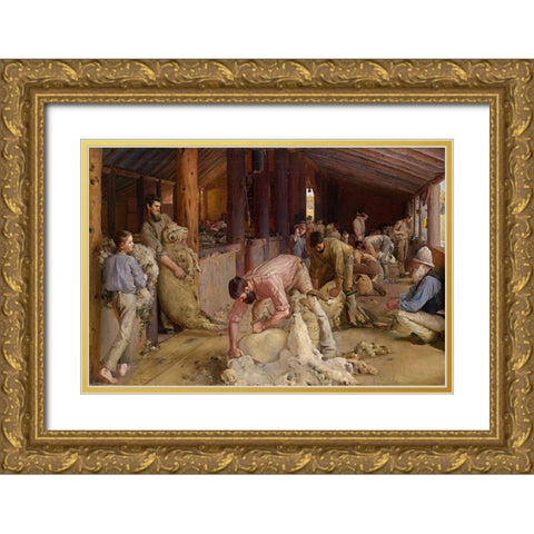 Shearing the Rams Gold Ornate Wood Framed Art Print with Double Matting by Roberts, Tom