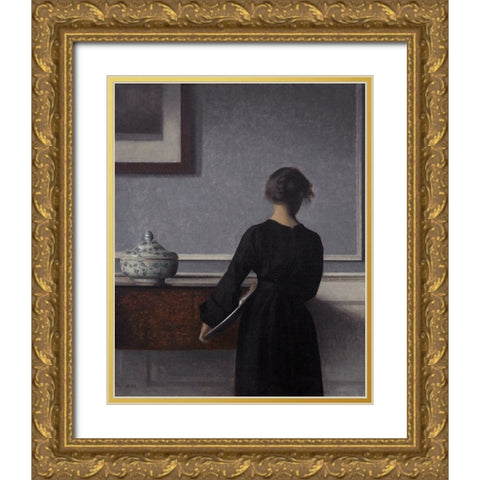 Interior with Young Woman Seen from the Back Gold Ornate Wood Framed Art Print with Double Matting by Hammershoi, Vilhelm