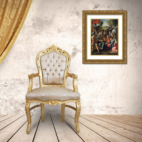 Christ Falling on the Way to Calvary Gold Ornate Wood Framed Art Print with Double Matting by Raphael