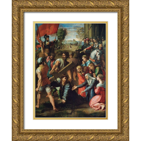 Christ Falling on the Way to Calvary Gold Ornate Wood Framed Art Print with Double Matting by Raphael