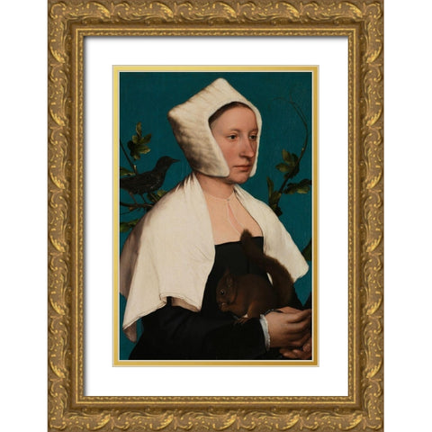 Portrait of a Lady with a Squirrel and a Starling Gold Ornate Wood Framed Art Print with Double Matting by Holbein, Hans
