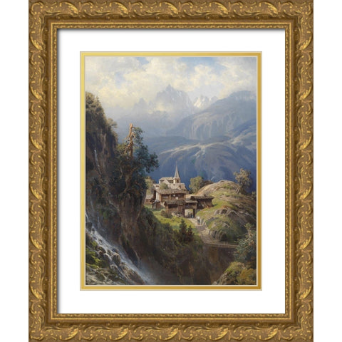 Village in the Bernese Alps Gold Ornate Wood Framed Art Print with Double Matting by Mosengel, Adolf