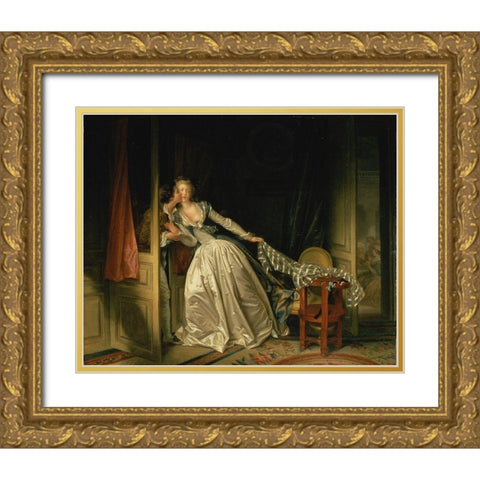 The Stolen Kiss Gold Ornate Wood Framed Art Print with Double Matting by Fragonard, Jean-Honore