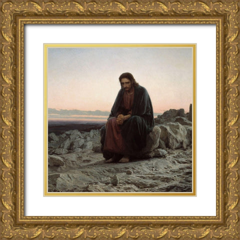 Christ in the Desert Gold Ornate Wood Framed Art Print with Double Matting by Kramskoi, Ivan
