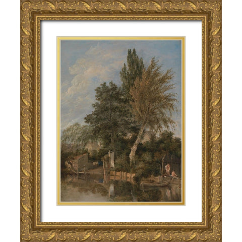 Boys Bathing on theÂ River Wensum, Norwich Gold Ornate Wood Framed Art Print with Double Matting by Crome, John
