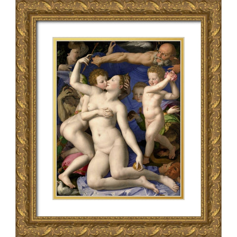 Venus, Cupid, Folly and Time Gold Ornate Wood Framed Art Print with Double Matting by Bronzino
