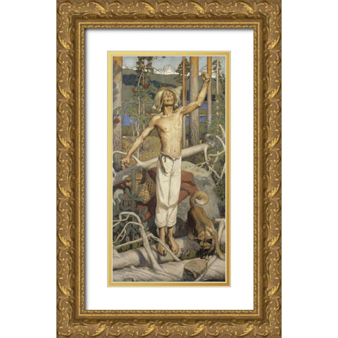 KullervoÂ Cursing Gold Ornate Wood Framed Art Print with Double Matting by Gallen-Kallela, Akseli