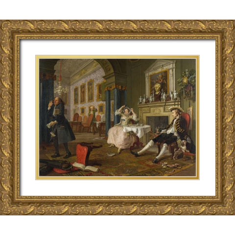 Marriage A la Mode 2 The Tete a Tete Gold Ornate Wood Framed Art Print with Double Matting by Hogarth, William