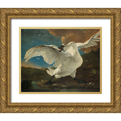 The Threatened Swan Gold Ornate Wood Framed Art Print with Double Matting by Asselijn, Jan