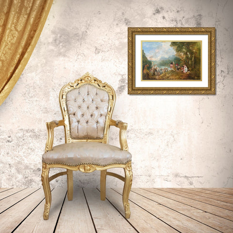 The Embarkation for Cythera Gold Ornate Wood Framed Art Print with Double Matting by Watteau, Jean-Antoine