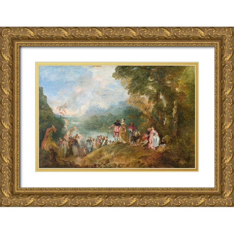 The Embarkation for Cythera Gold Ornate Wood Framed Art Print with Double Matting by Watteau, Jean-Antoine