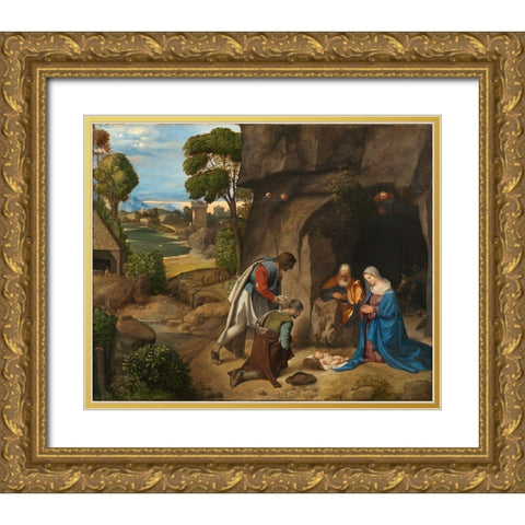 Adoration of the Shepherds Gold Ornate Wood Framed Art Print with Double Matting by Giorgione