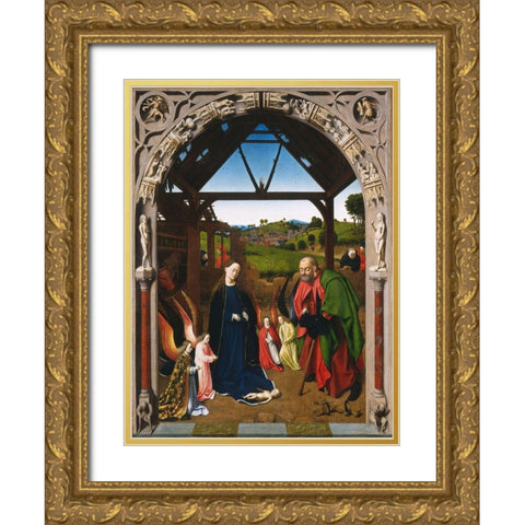 Nativity Gold Ornate Wood Framed Art Print with Double Matting by Christus, Petrus