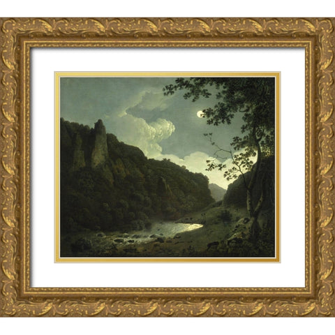 Dovedale by Moonlight Gold Ornate Wood Framed Art Print with Double Matting by Wright, Joseph