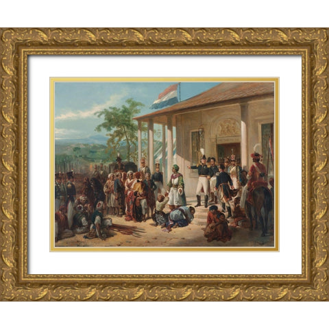 The Submission of Prince Dipo Negoro to General De Kock Gold Ornate Wood Framed Art Print with Double Matting by Pieneman, Nicolaas