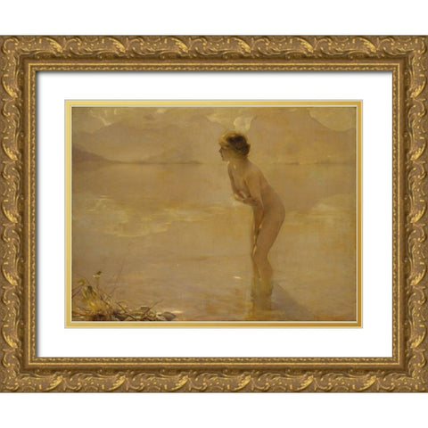 September Morn Gold Ornate Wood Framed Art Print with Double Matting by Chabas, Paul Emile