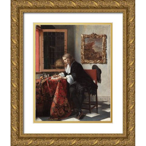 Man Writing a Letter Gold Ornate Wood Framed Art Print with Double Matting by Metsu, Gabriel