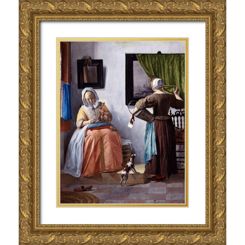 Woman Reading a Letter Gold Ornate Wood Framed Art Print with Double Matting by Metsu, Gabriel