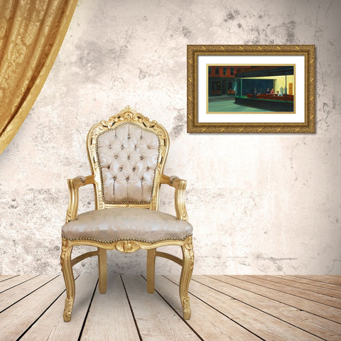 Nighthawks Gold Ornate Wood Framed Art Print with Double Matting by Hopper, Edward