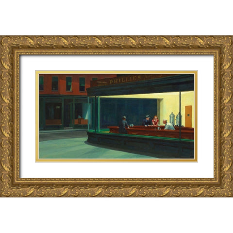 Nighthawks Gold Ornate Wood Framed Art Print with Double Matting by Hopper, Edward