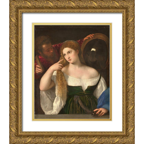 Woman with a Mirror Gold Ornate Wood Framed Art Print with Double Matting by Titian