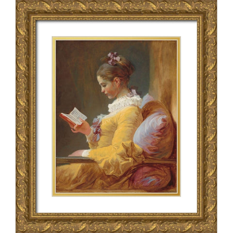 A Young Girl Reading Gold Ornate Wood Framed Art Print with Double Matting by Fragonard, Jean-Honore