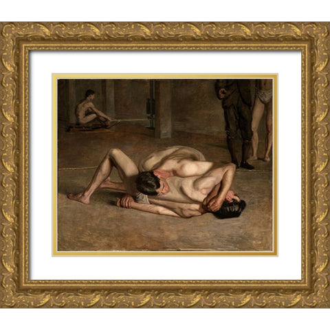 Wrestlers Gold Ornate Wood Framed Art Print with Double Matting by Eakins, Thomas
