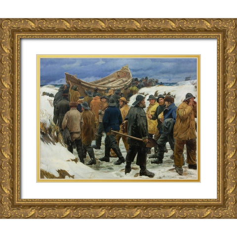 The lifeboat is driven through the dunes Gold Ornate Wood Framed Art Print with Double Matting by Ancher, Michael