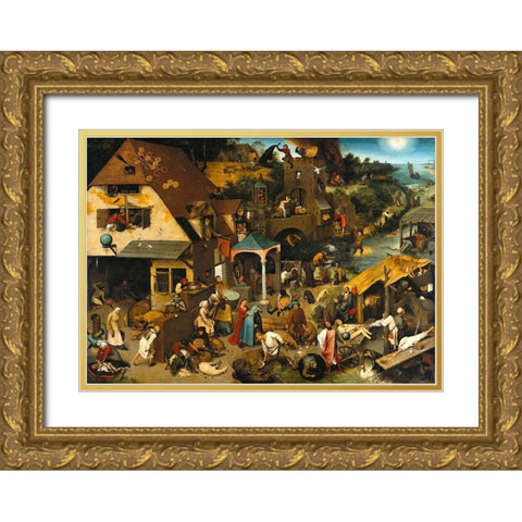 Netherlandish Proverbs Gold Ornate Wood Framed Art Print with Double Matting by Bruegel the Elder, Pieter