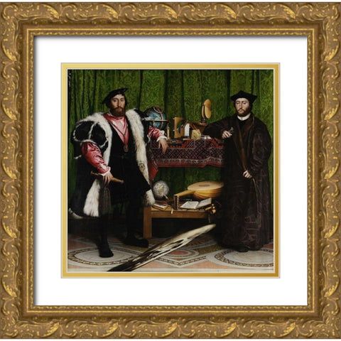 The Ambassadors Gold Ornate Wood Framed Art Print with Double Matting by Holbein the Younger, Hans